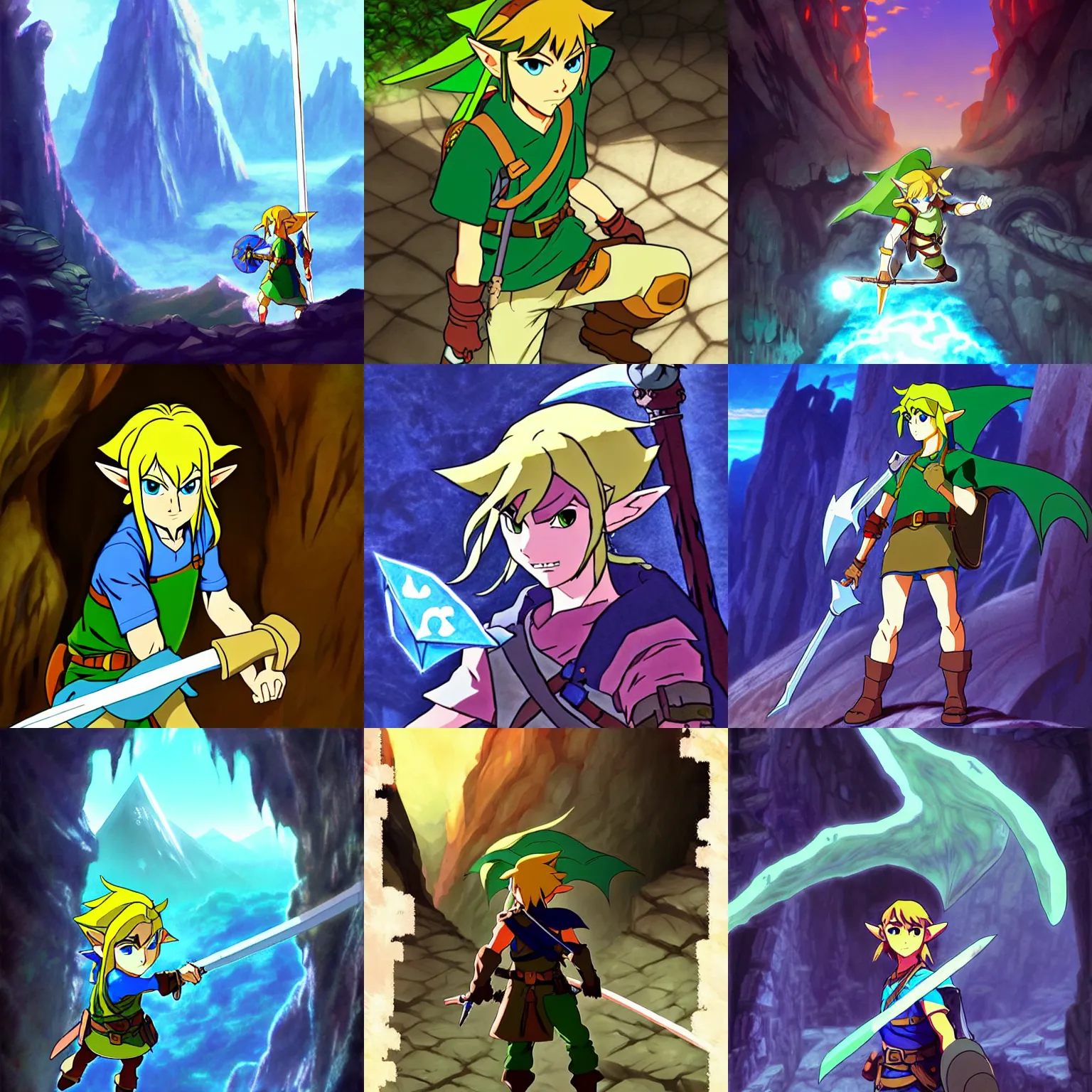 Prompt: link in a cave, legend of zelda, mature, dark, dungeons and dragons, dragon's lair, in the anime style of makoto shinkai, katsuhiro otomo, don bluth, key art