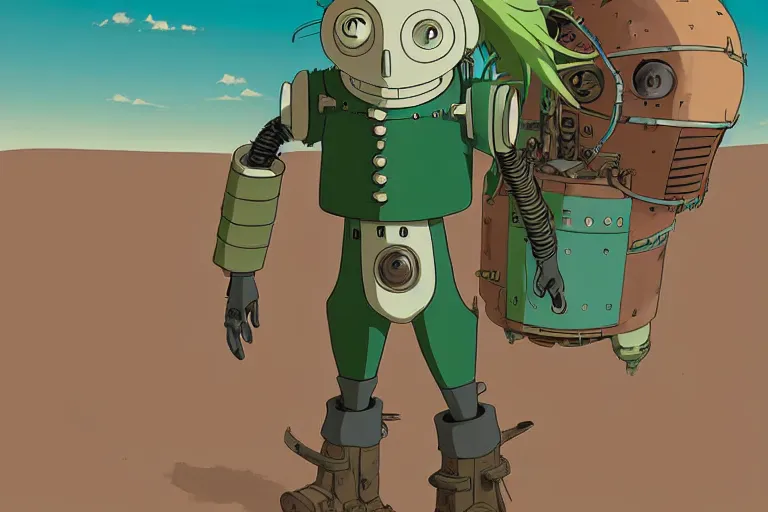 Image similar to a study of a cell shaded cartoon of a mechanized punk with green hair from howl's moving castle ( 2 0 0 4 ), on a desert road, full body, wide shot, very muted colors, post grunge, studio ghibli, laurie greasley, highly detailed, deviantart, art by artgem