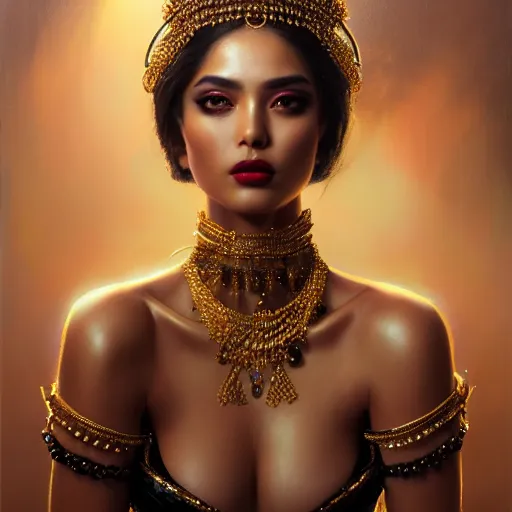 Prompt: expressive oil painting, of alluring persian princess, seductive look, smooth glowing skin, glistening body, sweat, love, adoration, ornate headpiece of black beads, black choker, glamour shot, by yoshitaka amano, by greg rutkowski, by jeremyg lipkinng, by artgerm, digital art, octane render