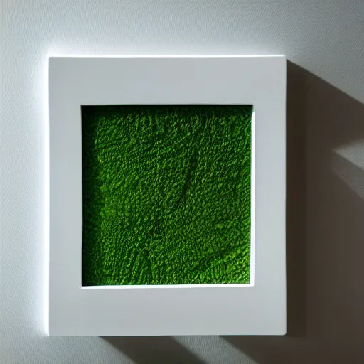 Image similar to a ceramic sculpture of some kind of plant in a square frame on a white surface with a white wall behind it and a green plant in the center