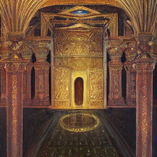 Image similar to a painting of a throne room , tiled floor a raytraced image by Mikalojus Konstantinas Čiurlionis, by Edward Okun, Gustave Moreau , metaphysical painting, hall of mirrors, Hungarian,ominous, dark, concept art, oil painting, blurred