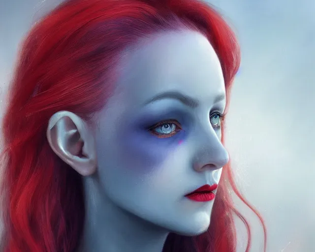 Image similar to A detailed matte oil on canvas head on symmetrical portrait of a distinguished elven woman with red and blue hair on an empty background, by Charlie bowater, Lise Deharme, Wlop, trending on artstationhd, dungeons and dragons art, parted hair , half blue, half red , split dye, critical role