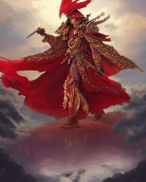 Prompt: A Full View of a Red Mage wearing magical ornate armor and a feathered hat surrounded by an epic cloudscape. Magus. Red Wizard. Fantasy Illustration. masterpiece. 4k digital illustration. by Ruan Jia and Mandy Jurgens and Artgerm and greg rutkowski and Alexander Tsaruk and WLOP and Range Murata, award winning, Artstation, art nouveau aesthetic, Alphonse Mucha background, intricate details, realistic, panoramic view, Hyperdetailed, 8k resolution, intricate art nouveau