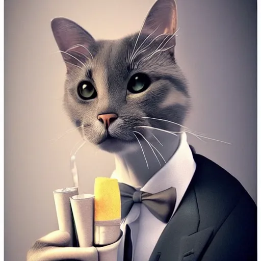 Image similar to a high quality photo of a cat wearing a suit and smoking, render, ultra realistic, cgsociety