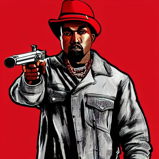 Image similar to kanye west in illustration red dead redemption 2 artwork of kanye west, in the style of red dead redemption 2 loading screen, by stephen bliss