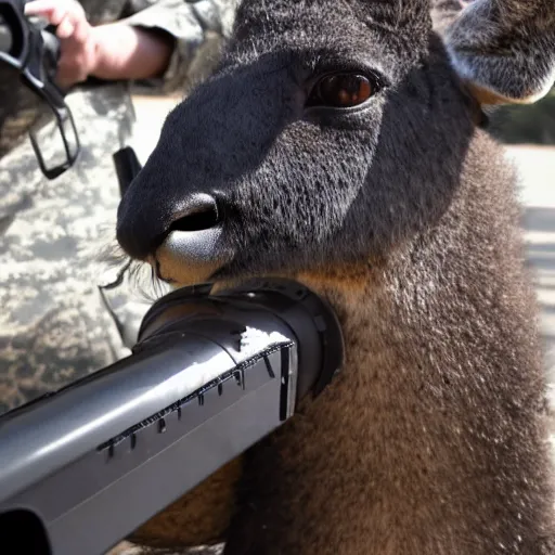 Prompt: photograph of a black Kangaroo spying in a dense, military animal, machine gun