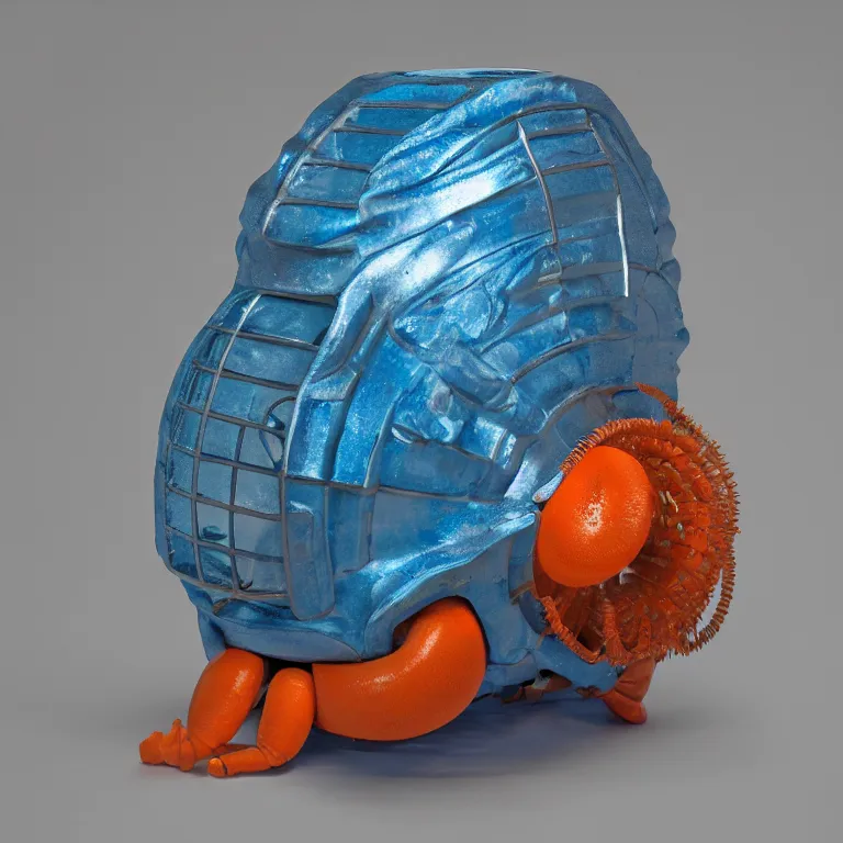 Image similar to hyperrealistic sculpture of a bronze chambered nautilus hermit crab dusted with blue and orange spraypaint in a grid cage on a pedestal by ron mueck and duane hanson and lee bontecou, hyperrealistic dramatic colored lighting trending on artstation 8 k