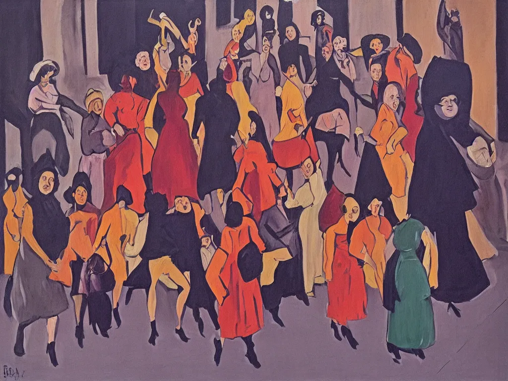 Image similar to woman movement, lisbon city at night, art in the style of paula rego