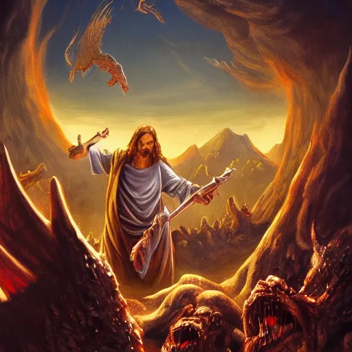 Image similar to jesus killing red monsters on a pile of corpses, in hell, black moutains, golden sun, beautiful, trending on artstation, intricate