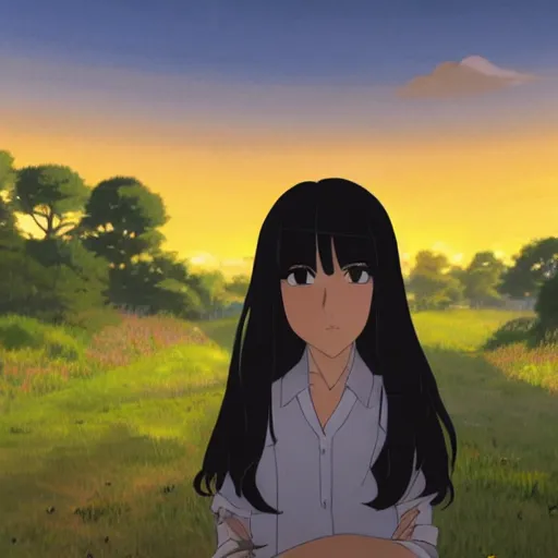 Prompt: Character portrait of a young beautiful woman with long black hair and bangs, sunset, city, focus on facial features, large eyes, highly detailed, cel shading, Studio Ghibli still, by Makoto Shinkai and Akihiko Yoshida