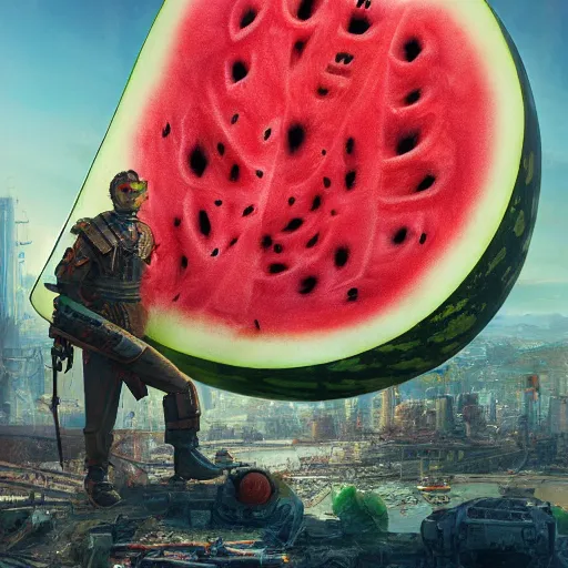 Image similar to Concept Digital Art Highly detailed giant Watermelon warlord protecting Ukrainian city by Stephen Hickman and Beeple. Very highly detailed 8K,Pentax 67, Kodak Portra 400 in style of Hiromasa Ogura Ghost in the Shell, the golden ratio, rational painting