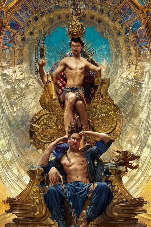 Prompt: The King of Atlantis sitting on his throne, portrait by Stanley Artgerm Lau, greg rutkowski, thomas kindkade, alphonse mucha, loish, norman Rockwell