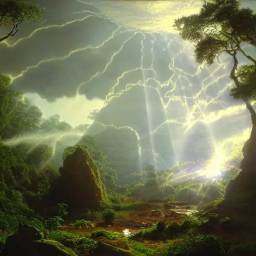 Image similar to rhythmic interval tectonic surfaces as resonant harmonic organic mystical megastructure crystal lattice pyramid architectures exploding with light and god rays in a hawaiian forest by albert bierstadt, by glen small, by giovanni battista piranesi, photorealistic, god rays, octane render, depth of field, volumetric light, volumetric fog