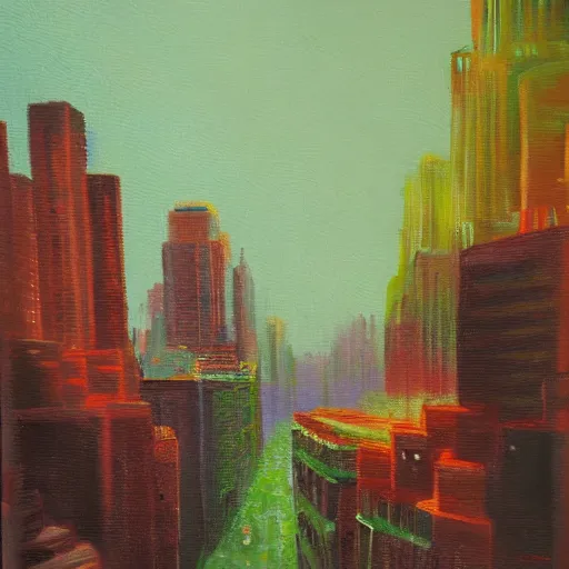 Image similar to dense city canyon emerald light oil painting