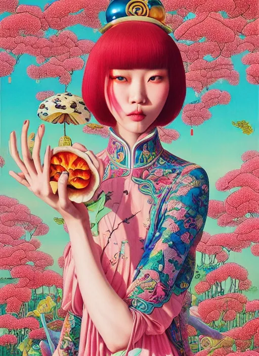 Image similar to pretty chinese model with hallucination mushroom : : by martine johanna and simon stalenhag and chie yoshii and casey weldon and wlop : : ornate, dynamic, particulate, rich colors, intricate, elegant, highly detailed, vogue, harper's bazaar art, fashion magazine, smooth, sharp focus,