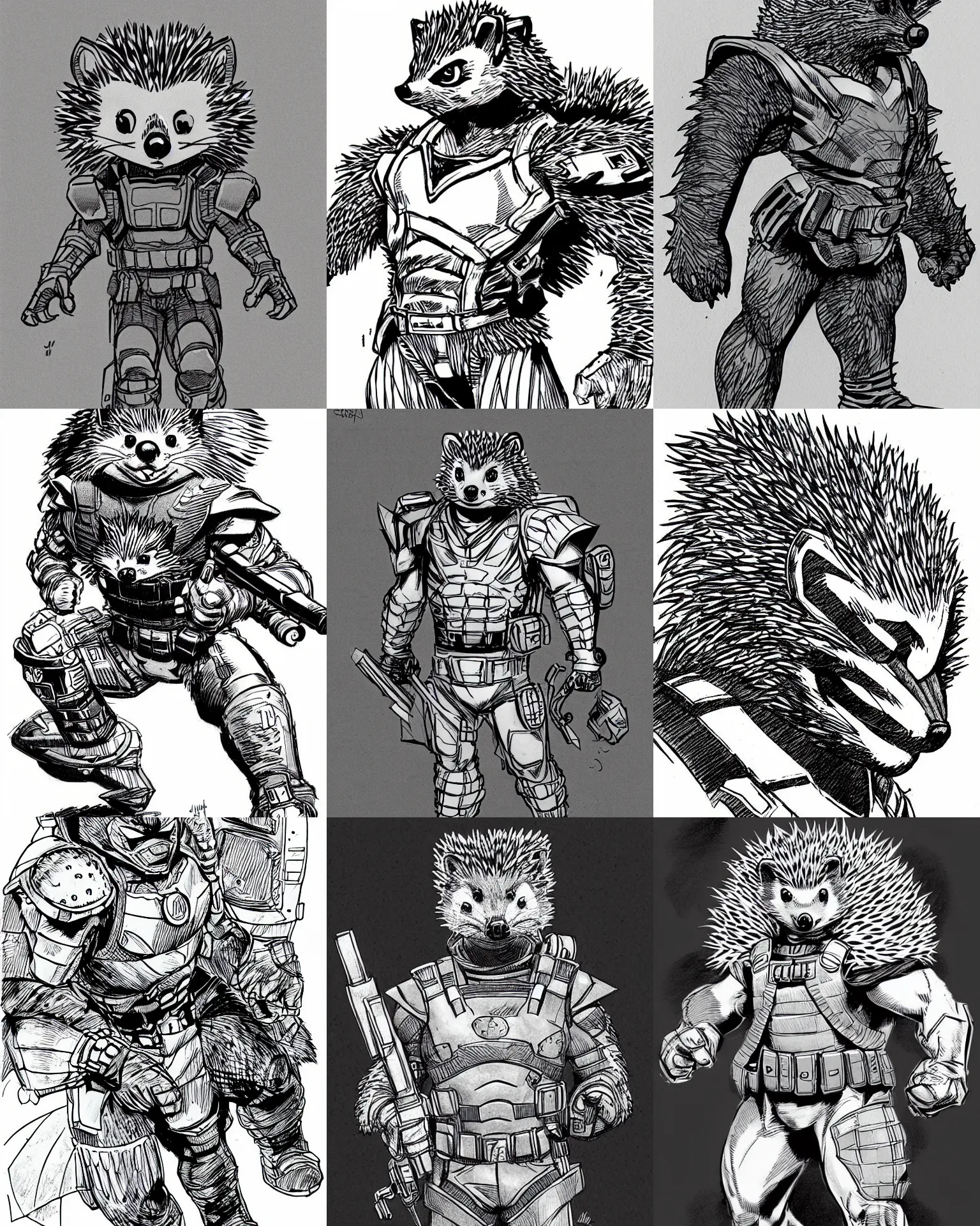 Prompt: hedgehog!!! jim lee!!! medium shot!! flat ink sketch by jim lee close up in the style of jim lee, big chest swat soldier armor hedgehog animal by jim lee