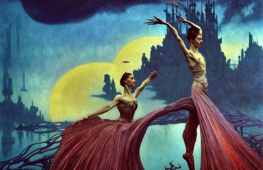 Image similar to realistic detailed portrait movie shot of a prima ballerina wearing a dark robes, sci fi city landscape background by denis villeneuve, amano, yves tanguy, alphonse mucha, ernst haeckel, max ernst, roger dean, masterpiece, rich moody colours, dog teeth, blue eyes, sunset