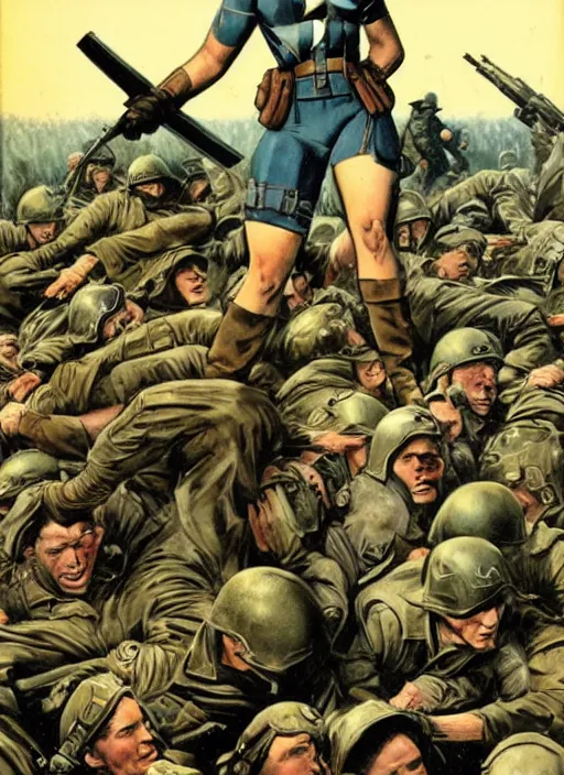 Image similar to beautiful female captain america standing on a pile of defeated german soldiers. feminist captain america wins wwii. american wwii propaganda poster by james gurney