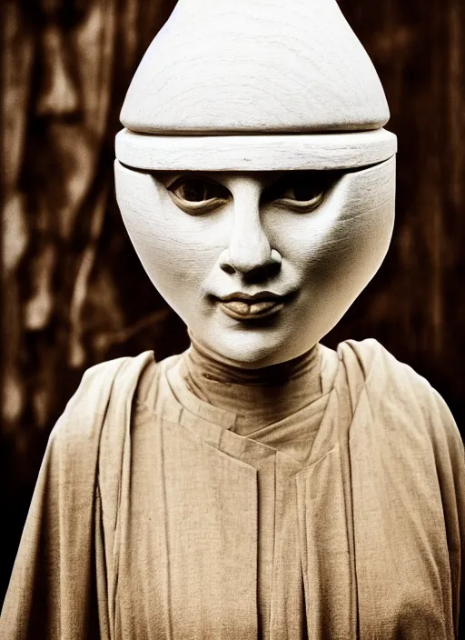 Image similar to realistic photo portrait of a a medieval wooden sculpture of a female monk dressed wearing in white spherical hat helmet made of wood, sci - fi, greyscale 1 9 9 0, life magazine photo, natural colors,