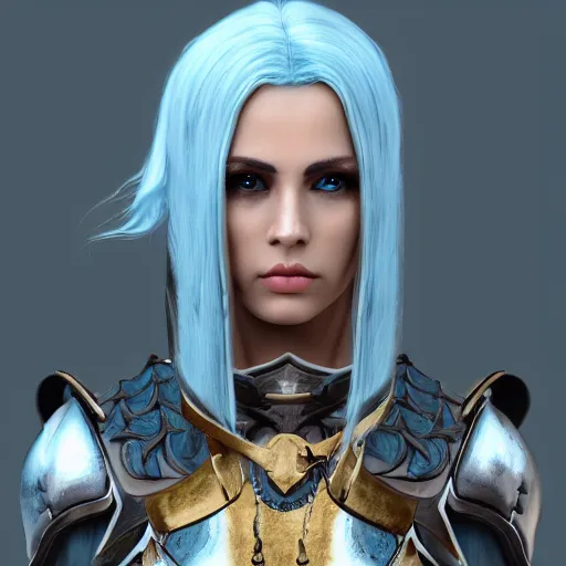 Prompt: Concept art of high elf with light blue hair, black leather armor, golden eagle skull on chest, trending on artstation, photo studio, realistic, 4k, 8k