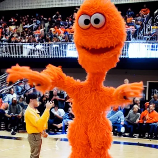 Image similar to a majestic friendly orange monster made of basketballs by pixar consumes a puny winpy cowboy at a basketball court