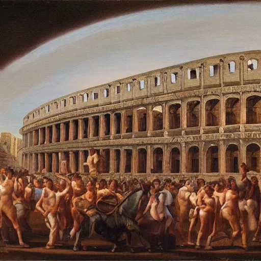 Prompt: a marble coliseum filled with roman people, oil painting,