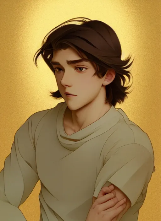 Image similar to pretty young man with shoulder length shiny shimmering golden blond hair, path traced, highly detailed, high quality, digital painting, by studio ghibli and alphonse mucha, leesha hannigan, makoto shinkai, disney