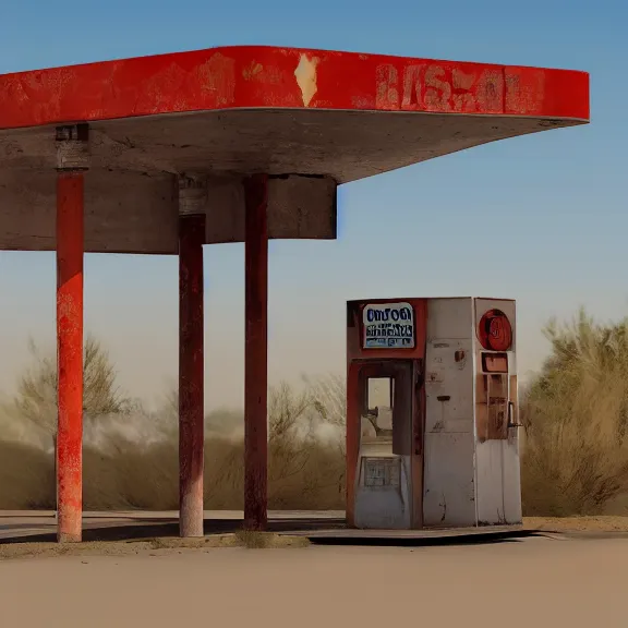 Image similar to an old, tiny abandoned gas station in the middle of the desert, cobweb, old, artstation, digital art.