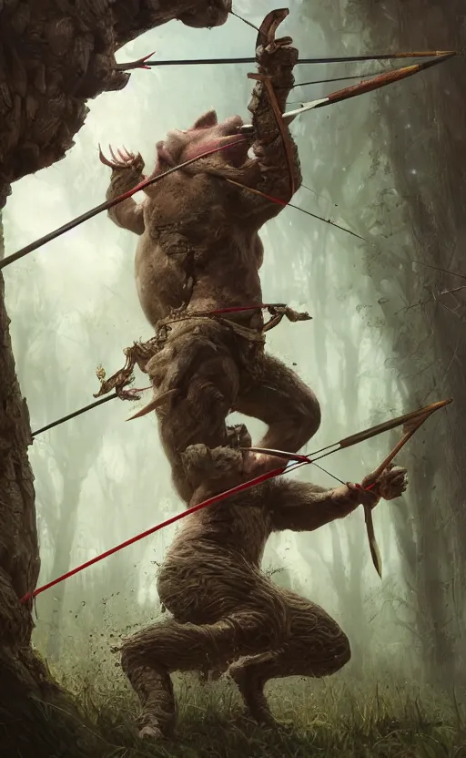 Image similar to portait of a pig archer shooting arrow at forest monster, front game card, drark, marvel comics, dark, intricate, highly detailed, smooth, artstation, digital illustration by ruan jia and mandy jurgens and artgerm and wayne barlowe and greg rutkowski and zdislav beksinski