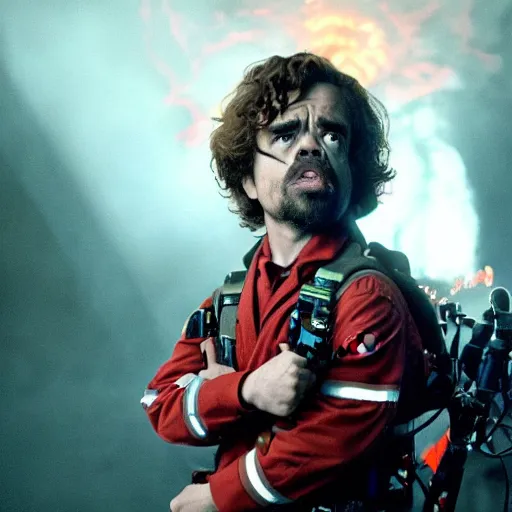Prompt: stunning awe inspiring peter dinklage as a ghostbuster in the movie ghostbusters, movie still 8 k hdr atmospheric lighting