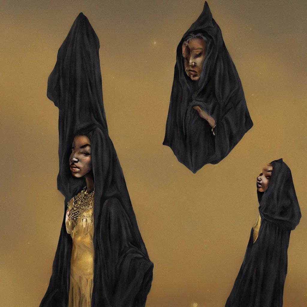 Image similar to a portrait of a young black woman wearing a long dark cloak, hood and shadows covering face, holding golden chains, oil painting, matte painting, black background, Volumetric Golden dappled dynamic lighting, Highly Detailed, Cinematic Lighting, Unreal Engine, 8k, HD, by Beksinski