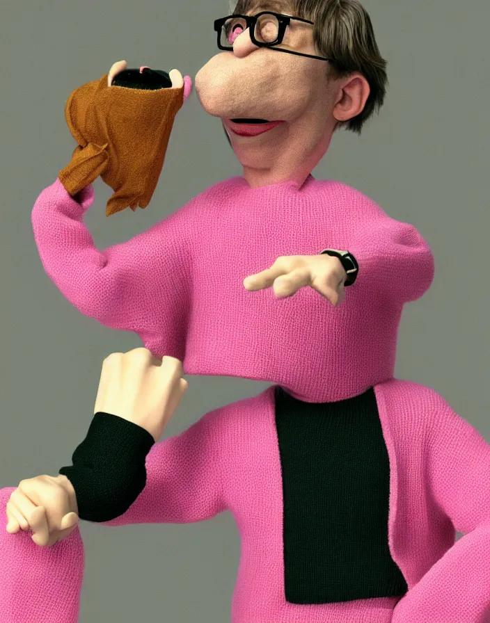 Image similar to candid 90s photoshoot of bill gates evil sock puppet wearing a pink sweater, dynamic lighting, photorealistic, stunning visuals, creative, cinematic, ultra detailed, trending on art station