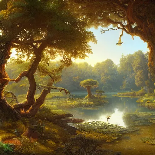 Image similar to A detailed painting of an idyllic pond with a giant tree on an island in the middle by Justin Gerard, Trending on artstation