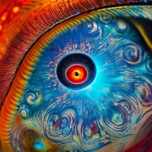 Image similar to hyper realistic photograph of a marble statue of the human eye in the shape of snail shell, space background, unlimited detail, colored, space, dragon, intricate, detail, phoenix, orange