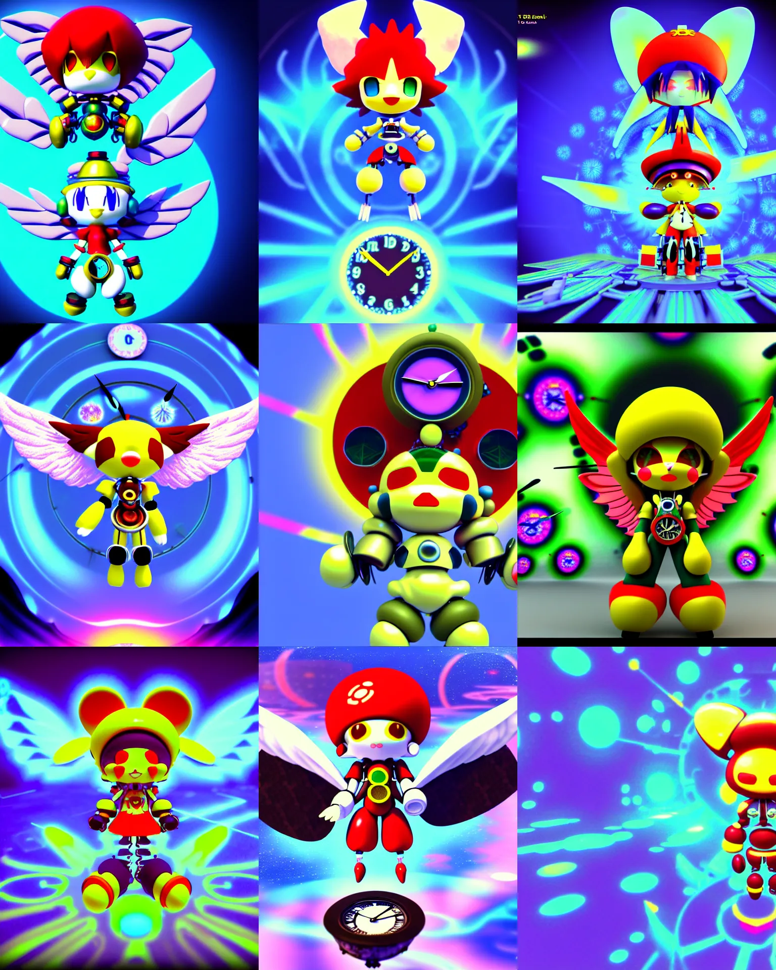 Prompt: 3 d render of chibi clock cyborg klonoa mech with angel wings against a psychedelic surreal background with 3 d clock butterflies and 3 d flowers n the style of 1 9 9 0's cg graphics lsd dream emulator psx graphics 3 d renderedby ichiro tanida, 3 do magazine, wide shot