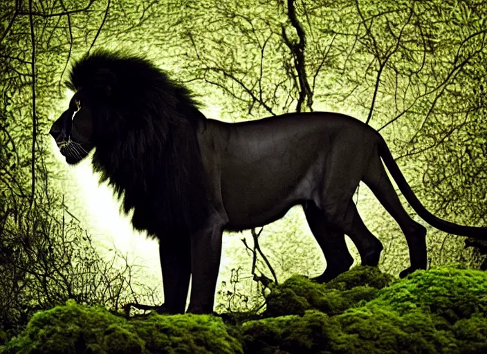 Prompt: professional wildlife photograph of a black lion standing in a dark jungle at night, surrounded by dense dark trees, moss, ferns, cinematic lighting, apex predator, natgeo