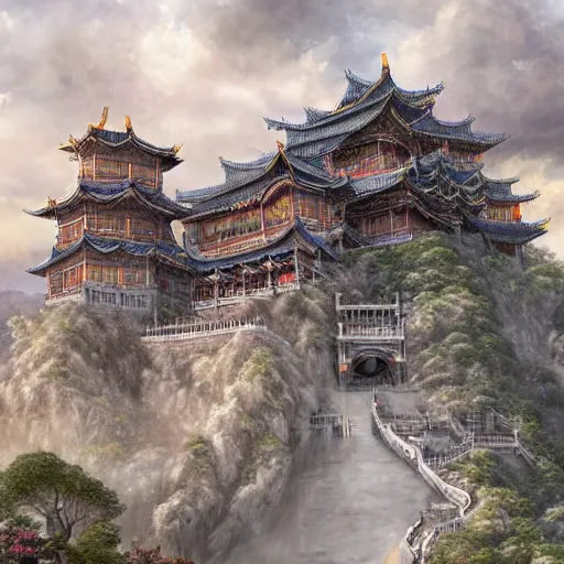 Image similar to dynamic composition, motion, ultra-detailed, incredibly detailed, a lot of details, amazing fine details and brush strokes, colorful and grayish palette, smooth, HD semirealistic anime CG concept art digital painting, watercolor oil painting of epic castle gate, from Three Kingdoms, by a Chinese artist at ArtStation, by Huang Guangjian, Fenghua Zhong, Ruan Jia, Xin Jin and Wei Chang. Realistic artwork of a Chinese videogame, gradients, gentle an harmonic grayish colors.