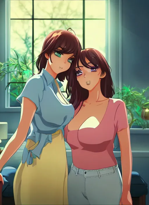 Image similar to two beautiful mothers in a summer home, gorgeous faces, thick lines, cinematic lighting, detailed anime art