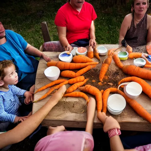 Image similar to family of humanoid carrot cannibals sit at a table with a single carrot at the center, photograph