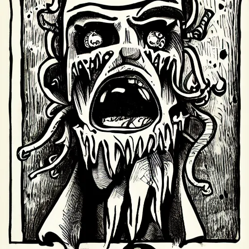 Image similar to a Pop Wonder scary horror themed goofy-hilarious-character-ice-cream-spirit-demon, dime-store-comic drawn with charcoal and pen and ink, half-tone-line-stacking