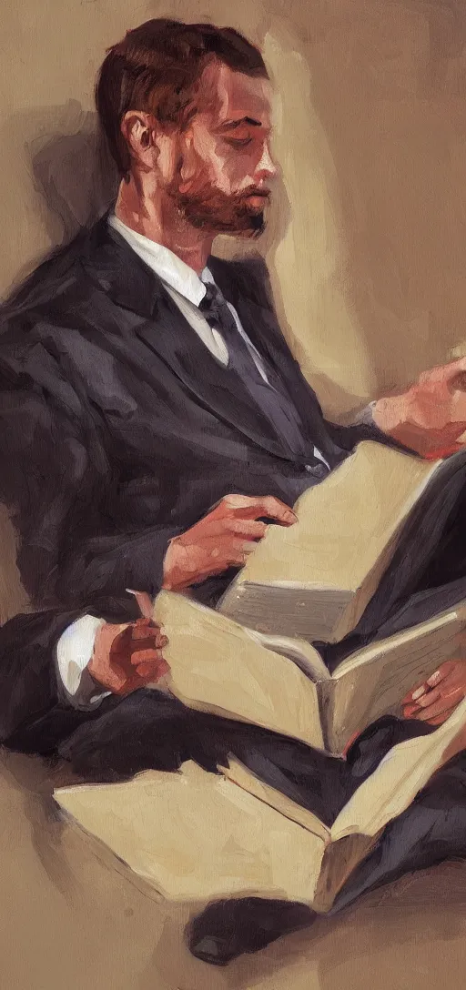 Prompt: a man reading a book wearing a suit oil painting, digital art, artstation