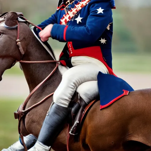 Image similar to closeup portrait of emmanuel macron dressed as napoleon riding a tiny miniature horse, natural light, sharp, detailed face, magazine, press, photo, steve mccurry, david lazar, canon, nikon, focus