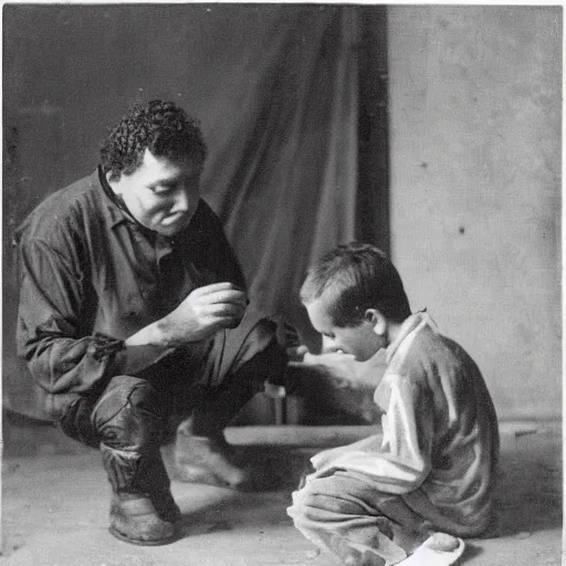 Prompt: a kid healing a mans wound, the man is sitting on a wooden chair