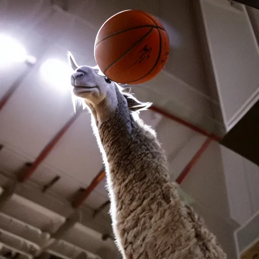 Image similar to film still of a llama dunking a basketball, low angle, extreme long shot, indoors, dramatic backlighting