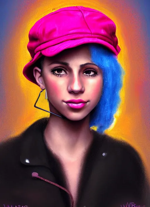 Image similar to portrait of teenage vanessa morgan with bright pink hair, black girl, curly pixie cut hair, wearing newsboy cap, pink short haircut, newsboy cap, hoop earrings, blue eyes, intricate, elegant, glowing lights, highly detailed, digital painting, artstation, concept art, smooth, sharp focus, illustration, art by wlop, mars ravelo and greg rutkowski