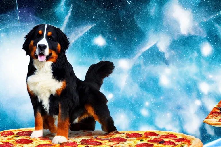 Prompt: a bernese mountain dog standing on a pizza in outer space. the dog is eating a piece of pizza. pizza slices flying with angel wings in background, dark cyan galaxy and stars in background, 4 k photoshopped image, look at that detail