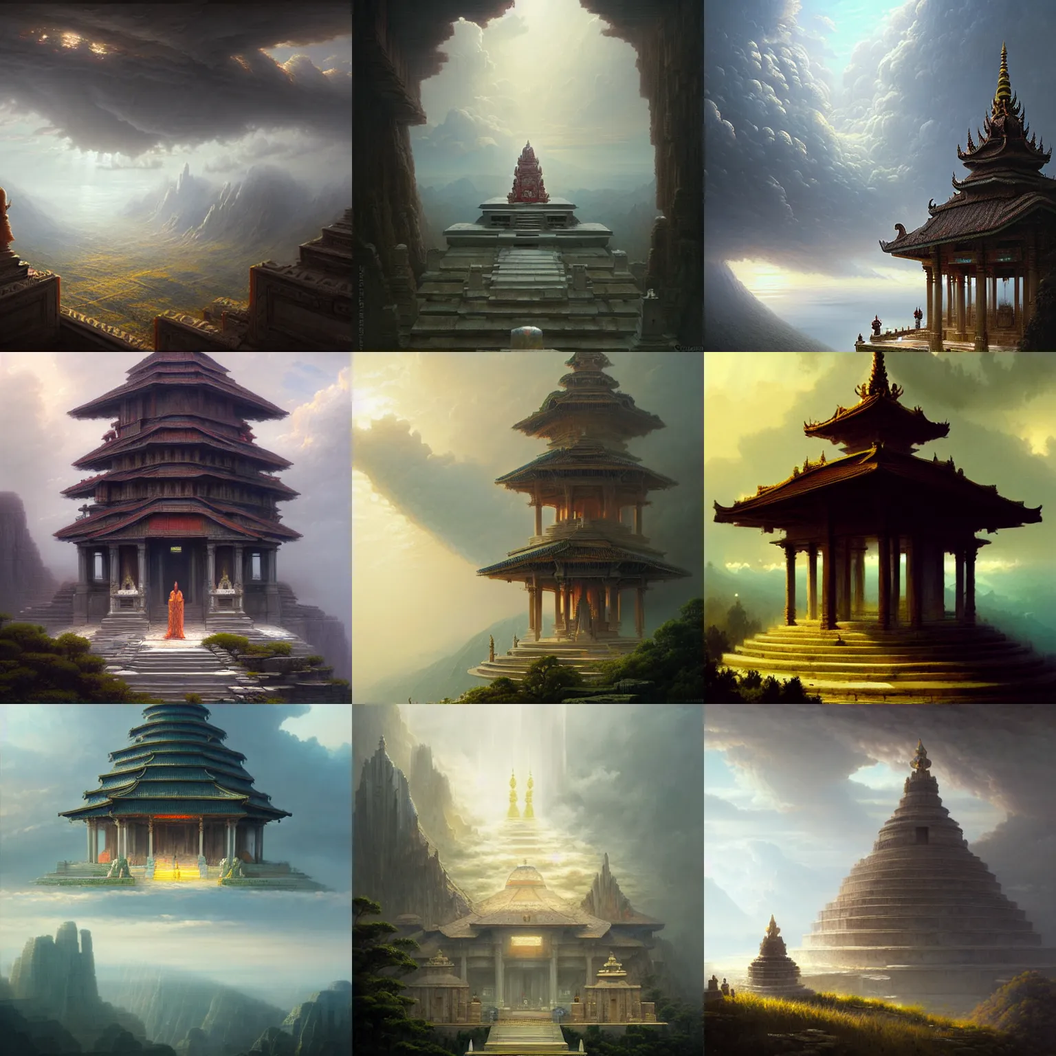 Prompt: a temple in the clouds, depth of view, wide perspective by greg rutkowski and james gurney