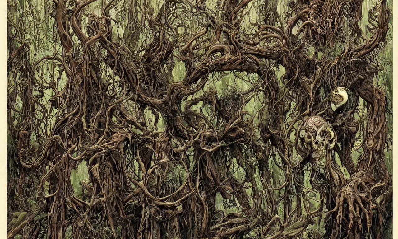 Prompt: hyperdetailed art nouveau portrait of treebeard and old groot as a cthulhu eyeball moose skull wendigo swamp thing cryptids, by michael kaluta, simon bisley and bill sienkiewicz, photorealism, claws, skeleton, antlers, fangs, forest, wild, bizarre, scary, lynn varley, lovern kindzierski, steve oliff