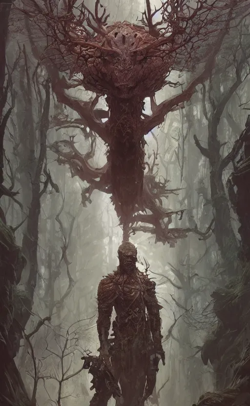 Prompt: portrait of hunting grounds in forest, symmetrical face features, front game card, drark, marvel comics, dark, intricate, highly detailed, smooth, artstation, digital illustration by ruan jia and mandy jurgens and artgerm and wayne barlowe and greg rutkowski and zdislav beksinski