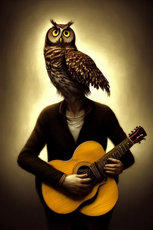 Image similar to portrait of an anthropomorphic owl playing the guitar, dramatic lighting, highly detailed, digital painting, artstation, concept art, smooth, sharp focus, illustration, art by wlop, mars ravelo and greg rutkowski